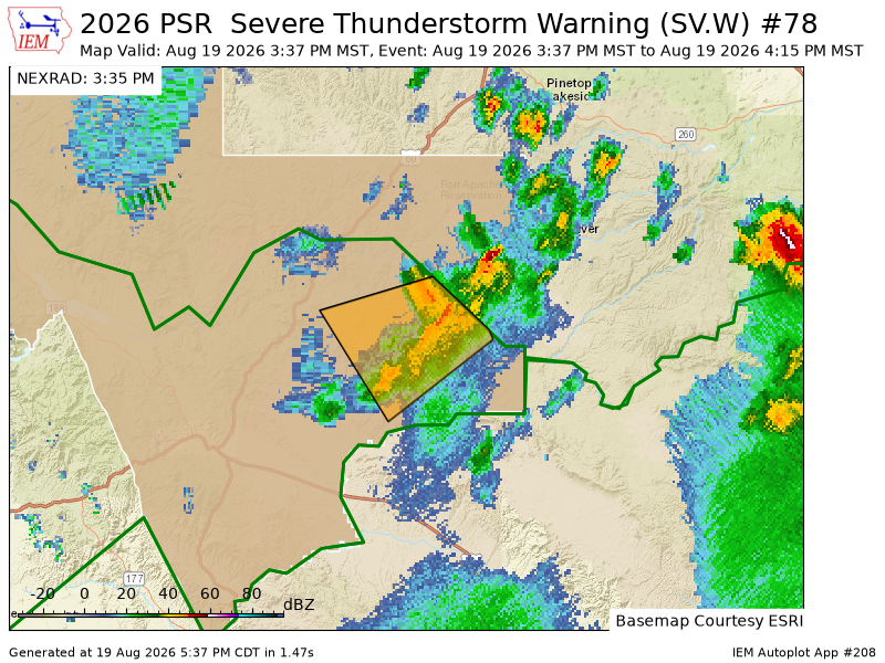 WJONIPwx's tweet photo. PSR issues Severe Thunderstorm Warning [wind: 60 MPH (RADAR INDICATED), hail: 0.75 IN (RADAR INDICATED)] for Gila [AZ] till 4:15 PM MST https://t.co/AuvWjl3J5N https://t.co/szn4il9zsR