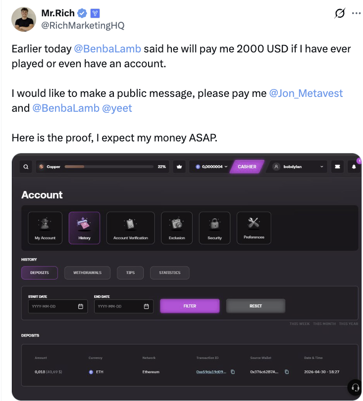 BenbaLamb's tweet photo. I usually try not to give larps a spotlight.  But this recent interaction with @RichMarketingHQ is just too funny to not share.

He ranked @yeet on his very well researched Casino Tier List a low ranking.  So I offered him $500 if he could prove he even had an account.  @Jon_Metavest offered $500 more, and so I just increased it to 2k.

He provided "proof" of this account.  An account that deposited $40 dollars once.  The account played 2900 games of Plinko, all 10 cents a ball, 4 months ago.  The account was chasing a giveaway we were doing for Plinko.  The account won small, and withdrew, never to deposit again.  I was going to pay out this $2k, despite $290 volume of Plinko not being an actual test of any site.

But the funny part is that he was caught buying the account on discord by @rozerr to try and collect the bounty.  

Since I saved $2k, I am going to double it to $4k and give it to YEET users.  Just respond here with your user name and with something you like about the site, or something you think we could do better.   Or if you have volume on another site and want to try it out and give some feedback I will give some away for that.  You're welcome to DM me proof of volume on another site if you don't want to share it publicly.