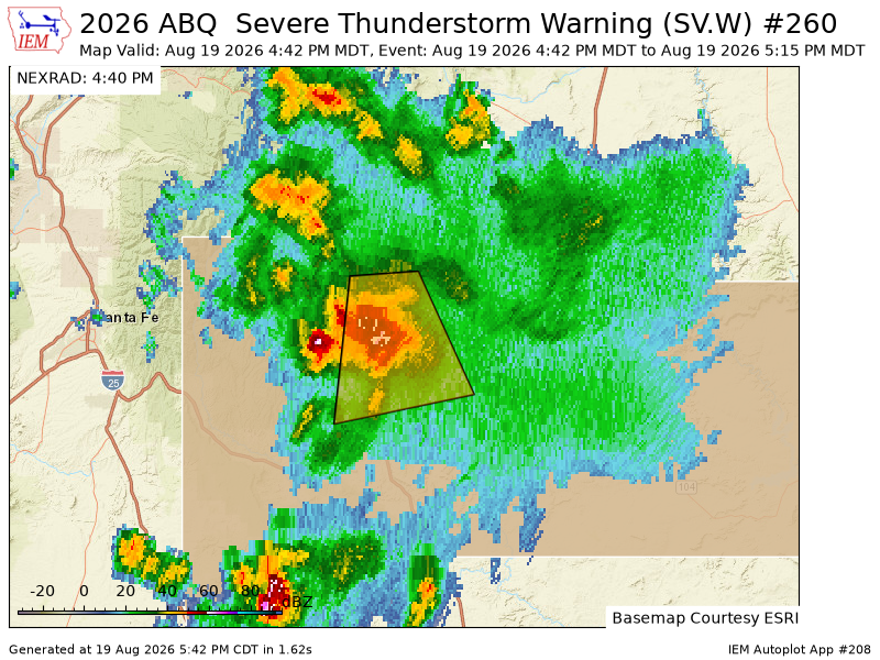 WJONIPwx's tweet photo. ABQ issues Severe Thunderstorm Warning [wind: 60 MPH (RADAR INDICATED), hail: 1.00 IN (RADAR INDICATED)] for San Miguel [NM] till 5:15 PM MDT https://t.co/JpQVtvq65z https://t.co/i9kFAtszbh
