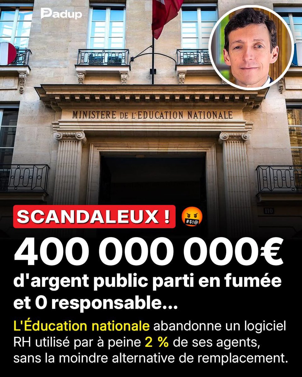 platiniumultra's tweet photo. Près de 400 millions d'euros d'argent public volatilisés pour un outil informatique incapable de gérer plus de 2 % des effectifs. Ce naufrage budgétaire et administratif au sein du premier ministère de France illustre une fois de plus la gestion calamiteuse de nos impôts. Et comme toujours : aucun responsable, aucune sanction.

🚨 UN DÉRAPAGE FINANCIER HORS DE CONTRÔLE
Au départ, la promesse était simple : dépenser 60 millions d'euros pour unifier la gestion des ressources humaines de plus d'un million d'agents. Plus de dix ans plus tard, la facture s'est envolée pour frôler les 400 millions d'euros, soit près de sept fois le budget initial. Une dérive budgétaire colossale que le contribuable français se retrouve une nouvelle fois à financer.

🔍 UN RÉSULTAT DÉRISOIRE ET UNE IMPUNITÉ TOTALE
Pour cette somme astronomique, le logiciel n'a jamais réussi à prendre en charge les enseignants. Au moment où le ministère a fini par jeter l'éponge, la plateforme ne gérait que 18 000 agents, soit une fraction dérisoire des effectifs. Externalisation massive, absence de pilotage strict et cabinets de conseil en roue libre : toutes les erreurs ont été accumulées. Mais comment se fait-il que personne ne soit responsable ? Parce que ce n'est pas leur argent, c'est "open bar" : aucun directeur de projet sanctionné, aucun ministre inquiété, et des prestataires privés payés malgré un échec total.

📉 LE SYMBOLE D'UNE GABEGIE D'ÉTAT SYSTÉMATIQUE
Pendant que l'on explique aux Français que les caisses de l'État sont vides et qu'il faut se serrer la ceinture, des centaines de millions d'euros sont englouties dans des projets informatiques mort-nés sans que jamais quiconque n'ait à rendre des comptes. Ce gaspillage à grande échelle prive directement nos écoles, nos classes et nos services publics de moyens cruciaux qui auraient pu servir sur le terrain.

Êtes-vous choqués par cette gestion de l'argent public ? Faut-il exiger des sanctions directes contre les responsables de ces échecs à répétition ? 💬

⚠️ Note aux commentateurs : Merci de maintenir des échanges courtois et constructifs dans l'espace commentaire.

Sources : Sciencepost, Cour des Comptes