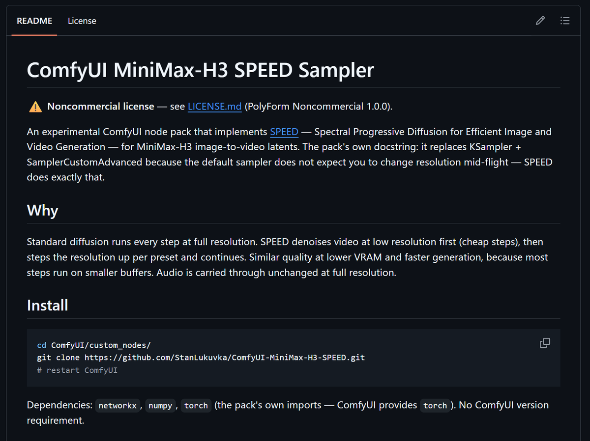 aisearchio's tweet photo. An experimental node pack that brings SPEED (Spectral Progressive Diffusion) to MiniMax-H3. 

It starts denoising at low resolution (cheap and fast), then gradually ups the resolution. You get similar quality with less VRAM and faster results. Audio stays at full resolution the whole time.

https://t.co/ffuYT4RDnD