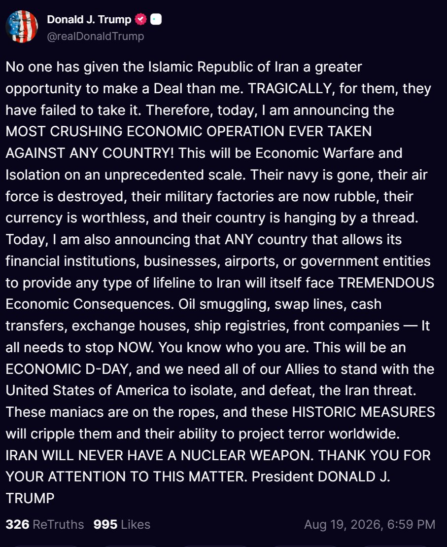 FinanceLancelot's tweet photo. BREAKING: 🇺🇸  President Trump announces "ECONOMIC D-DAY" against Iran  🇮🇷

"ANY country that allows its financial institutions, business, airports, or government entities to provide any type of lifeline to Iran will itself face TREMENDOUS Economic Consequences." https://t.co/UJZDcqfZll