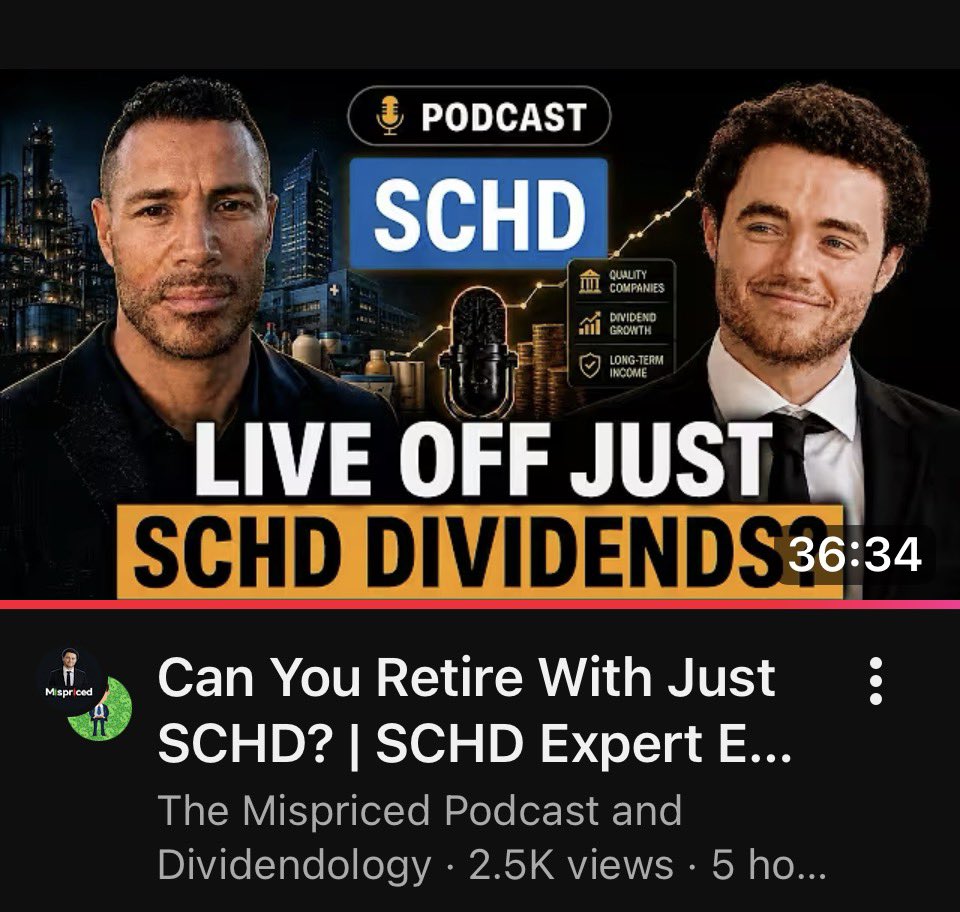 SCHDETF's tweet photo. Talking $SCHD on The Mispriced Podcast 🎙️ with @Dividendology

Honored to join Eli on his new channel, The Mispriced Podcast, for a wide-ranging conversation about $SCHD 

And the timing couldn’t have been better.

We recorded today as $SCHD crossed $35 for the first time ever, so you’ll actually hear my live reaction to finding out it happened during the conversation. 😆

Just over eight months ago, $SCHD felt left for dead. Now it’s up more than 30% YTD and setting new all-time highs.

We talked about that turnaround and a lot more:
• Can you actually retire on $SCHD alone?
• What really drives its dividend growth
• How I think about pairing $SCHD with high-yield ETFs
• Whether $SCHD can keep outperforming in 2026 and beyond
• My long-term goal for the position and why I’m still building it

If you check it out, let me know what you think or what questions you have.

Full episode 👇