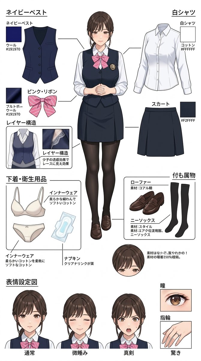 illust_gallery's tweet photo. キャラは「見えない部分」まで決めると生きてきます。
今日の子の衣装分解&amp;表情差分シートです。

高画質版・過去の資料はこちらに揃えています
https://t.co/vGlitDjXSa

#AIイラスト #設定資料 #キャラデザ #AIart https://t.co/Y5jAslD9H4