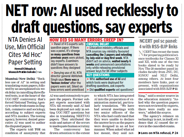 manashTOI's tweet photo. #AI #UGCNET #NEETUG
“Reckless use of AI” in setting and translating examination papers, followed by an unexplained six-week delay in cancelling three flawed tests, is at the heart of the UGC-NET controversy that has forced the National Testing Agency to order fresh examinations in English, Commerce and Sociology. NTA however denied that generative AI was used to author the disputed papers.  
A second disclosure concerns NTA’s response after the discrepancies surfaced. Education ministry officials and NTA sources said the ministry favoured cancelling the papers and retesting by July-end or the first week of August. NTA, however, did not act on that advice, waiting nearly six weeks and announcing the cancellations only when it released provisional answer keys for 84 of 87 subjects. 
A @timesofindia @hChhapiaTOI report 👇
https://t.co/EUiD3bGlq2