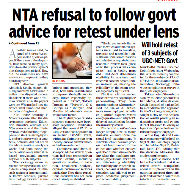 manashTOI's tweet photo. #AI #UGCNET #NEETUG
“Reckless use of AI” in setting and translating examination papers, followed by an unexplained six-week delay in cancelling three flawed tests, is at the heart of the UGC-NET controversy that has forced the National Testing Agency to order fresh examinations in English, Commerce and Sociology. NTA however denied that generative AI was used to author the disputed papers.  
A second disclosure concerns NTA’s response after the discrepancies surfaced. Education ministry officials and NTA sources said the ministry favoured cancelling the papers and retesting by July-end or the first week of August. NTA, however, did not act on that advice, waiting nearly six weeks and announcing the cancellations only when it released provisional answer keys for 84 of 87 subjects. 
A @timesofindia @hChhapiaTOI report 👇
https://t.co/EUiD3bGlq2