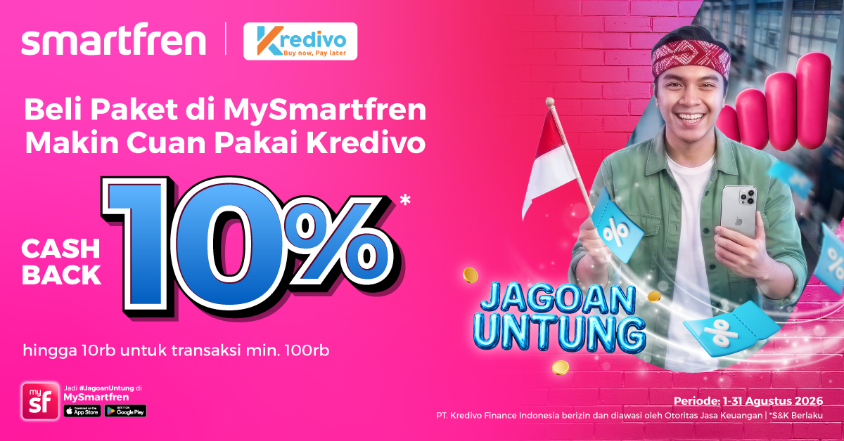smartfrenworld's tweet photo. Cashback 10%  hingga 10rb buat beli paket (min. 100rb) di app MySmartfren🤑✨ Bayar pakai Kredivo, ya! Klik https://t.co/YHOhcm2djx #SMARTFRENxKredivo #MySmartfren #mySFAplikasiJagoan https://t.co/cX9rYcIG3E