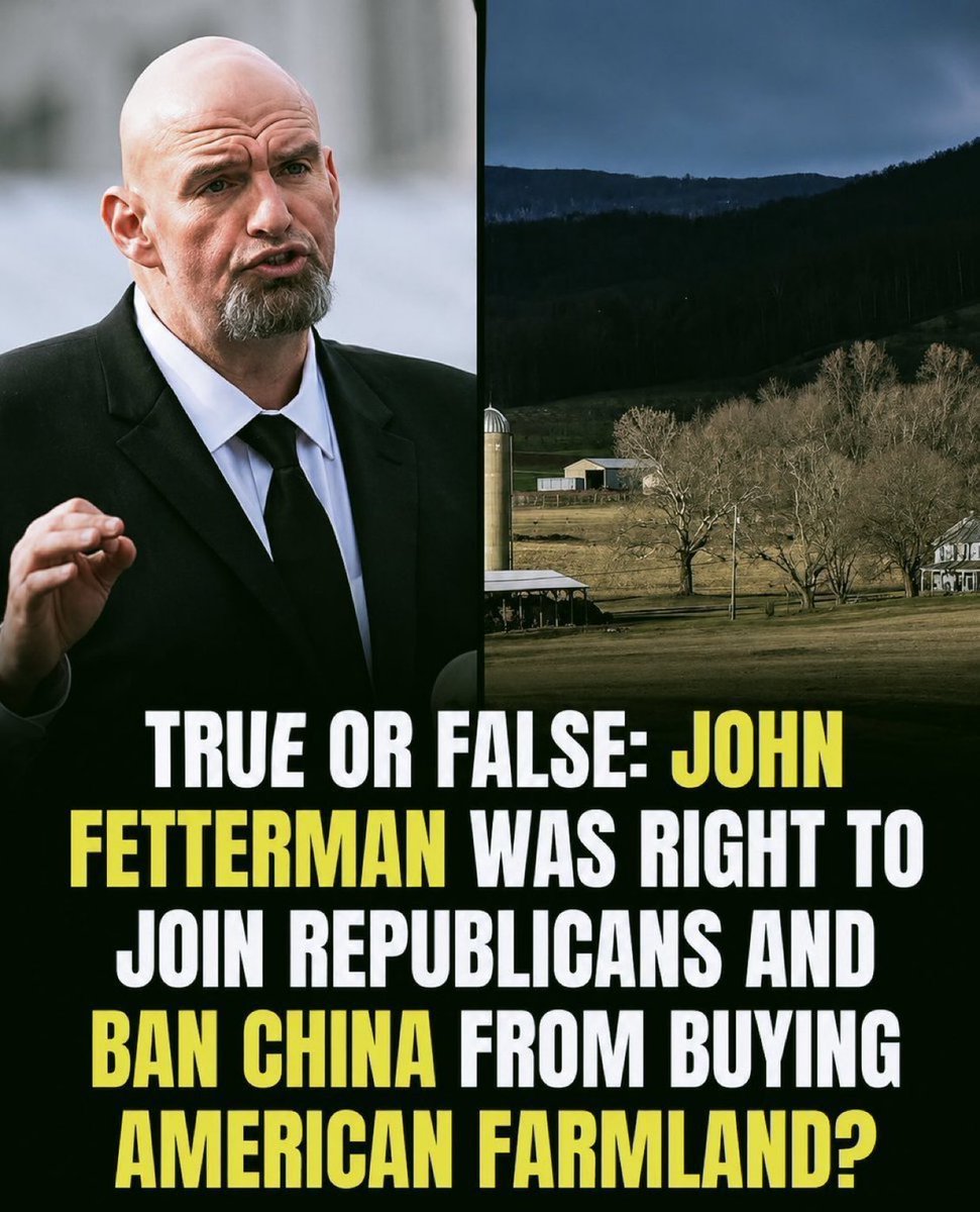 EagleHunterX's tweet photo. Do you agree with John Fetterman’s decision to join the Republicans and push to ban China from buying American farmland? 🇺🇸🇨🇳

🅰️ Yes, absolutely 🇺🇸
🅱️ No, I disagree 👎 https://t.co/LCUWlmNxpX