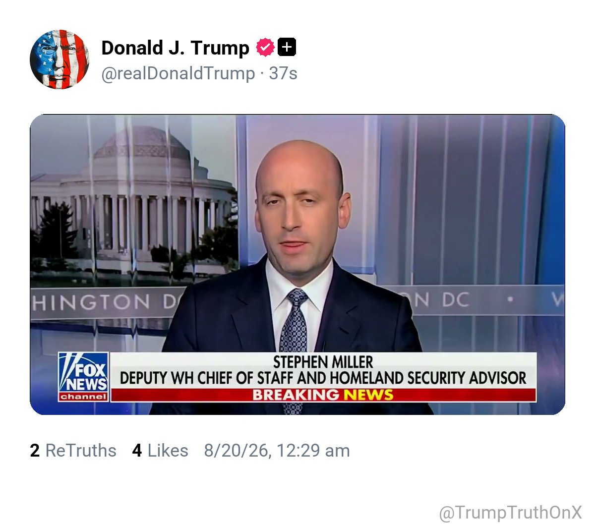 TrumpTruthOnX's tweet photo. New media post from Donald J. Trump

( TS: Aug 20 2026, 12:29 AM ET )​​​​​​​​‍‌​​​‌‍‌‍‌‍​‌‍​‌​‍‌‍‍‌‌‌​​‌‌‍‍‌‍‌‌‍‍ https://t.co/5CmCtmq1DT