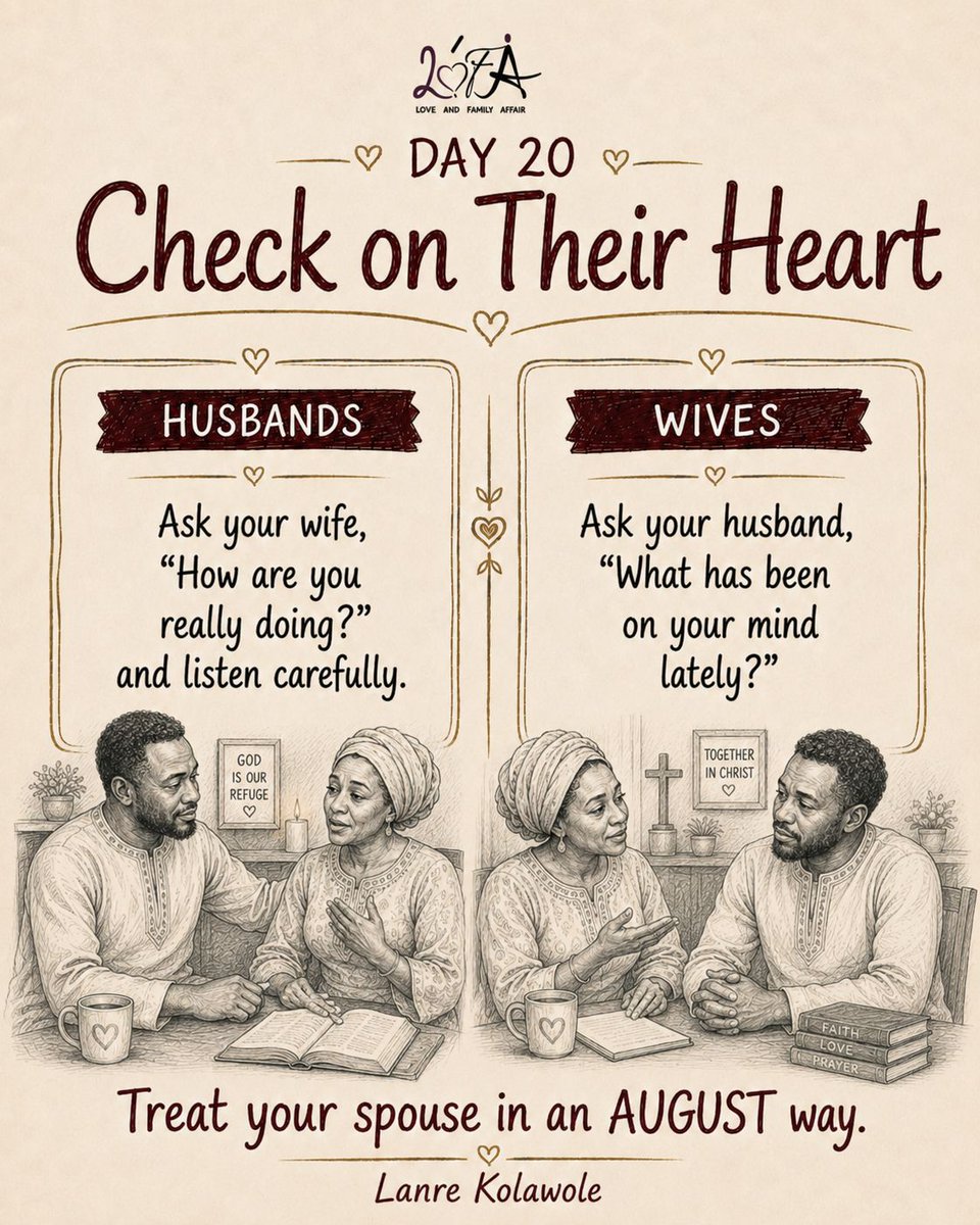 lofacouples's tweet photo. It’s August
Day 20 of Treat Your Spouse in an AUGUST way.
20/08/2026

#TreatYourSpouseInAnAugustWay #ChristianMarriage #MarriageChallenge #MarriageTips #HealthyMarriage https://t.co/0x2wzXQSXG