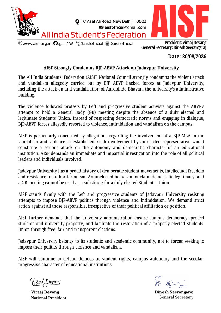 AISFofficial's tweet photo. AISF strongly condemns the BJP ABVP attack and vandalism at Jadavpur University. Democracy cannot be replaced by violence, intimidation or unelected bodies. 

Stand with students, defend campus democracy! 

#AISF #JadavpurUniversity #SaveCampusDemocracy #StudentsUnity #StudyAndStruggle