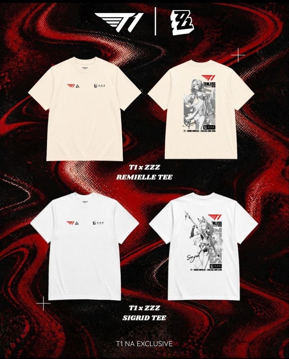 Sejongleaks's tweet photo. 북미 T1 Shop X 젠레스 존 제로 티셔츠가 공개되었습니다. 

레미엘과 시그리드가 새겨진 T1 티셔츠를 판매중입니다. 

#젠레스 #zzzero #T1 https://t.co/3MvNeceMMU
