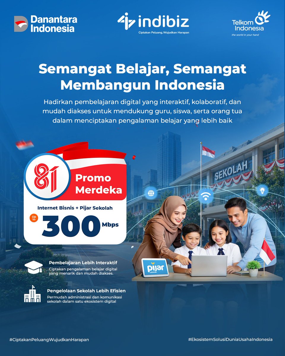 Indibiz_ID's tweet photo. Dukung semangat belajar dengan koneksi super cepat! 📚
Bagi para pelaku usaha dan pengelola di sektor pendidikan (sekolah swasta, bimbel, hingga tempat kursus), saatnya tingkatkan kualitas layanan belajar-mengajar Anda di momen kemerdekaan ini. https://t.co/sCV2b2WtUP