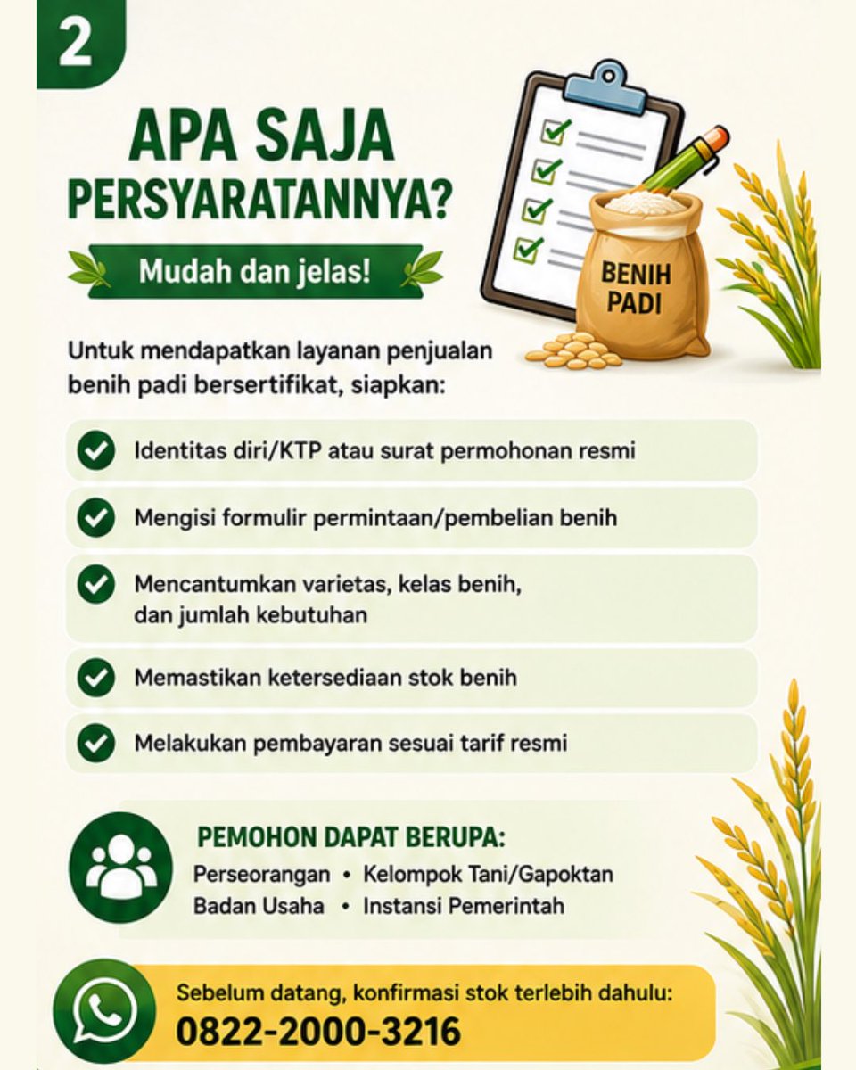 distankanskh's tweet photo. 🌾 Standar Pelayanan Publik Penjualan Benih Padi 🌾

Dalam rangka memberikan pelayanan yang mudah, cepat, dan berkualitas kepada masyarakat, UPTD Benih Pertanian Dinas Pertanian dan Perikanan Kabupaten Sukoharjo menyediakan layanan penjualan benih padi bagi masyarakat dan petani. https://t.co/TVNmkPSrLe