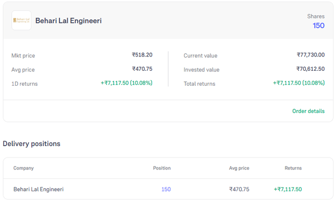 Rajuram80694120's tweet photo. Didn’t get the allotment in #BehariLalEngineering IPO despite applying.
I had mentioned earlier that if I didn’t get the allotment.
I would buy after listing — so I added it this morning.
I’ve been bullish on this company for a while and bought it with a long-term view. https://t.co/O8iAjvhfJ2