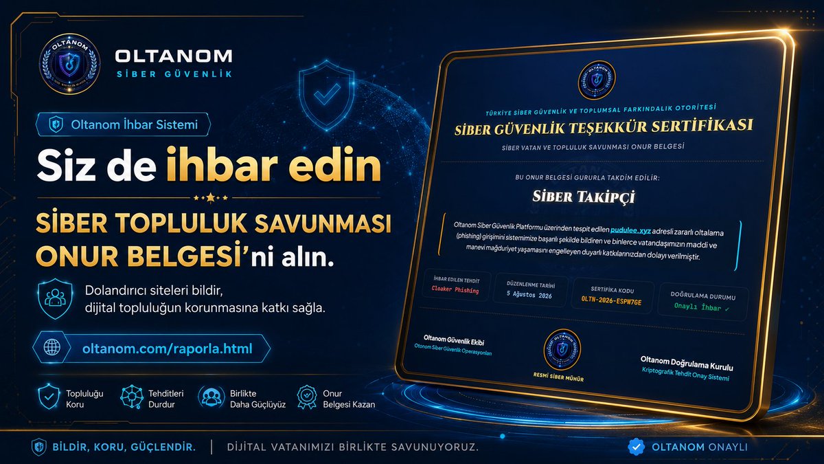 Oltanom's tweet photo. Şüpheli siteleri #Oltanom’a ihbar edin, dijital topluluğun korunmasına katkı sağlayın. Siber Topluluk Savunması Onur Belgesi’ni alın.

#SiberGüvenlik #OnurBelgesi #ihbarhattı #Oltayagelme #Alanya https://t.co/iyKh0pi57R