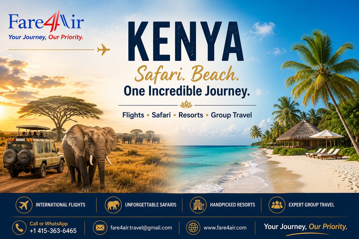 Fare4Air's tweet photo. 🇰🇪 Safari + beach? Kenya gives you both! 🦁🌴 Explore incredible wildlife, breathtaking landscapes &amp; the Indian Ocean coast. ✈️ Let Fare4Air plan your journey. 
📞 +1 415-363-6465 
#Fare4Air #KenyaTravel #Safari #vacation #grouptravel #flights https://t.co/0i6Tf4vuTG