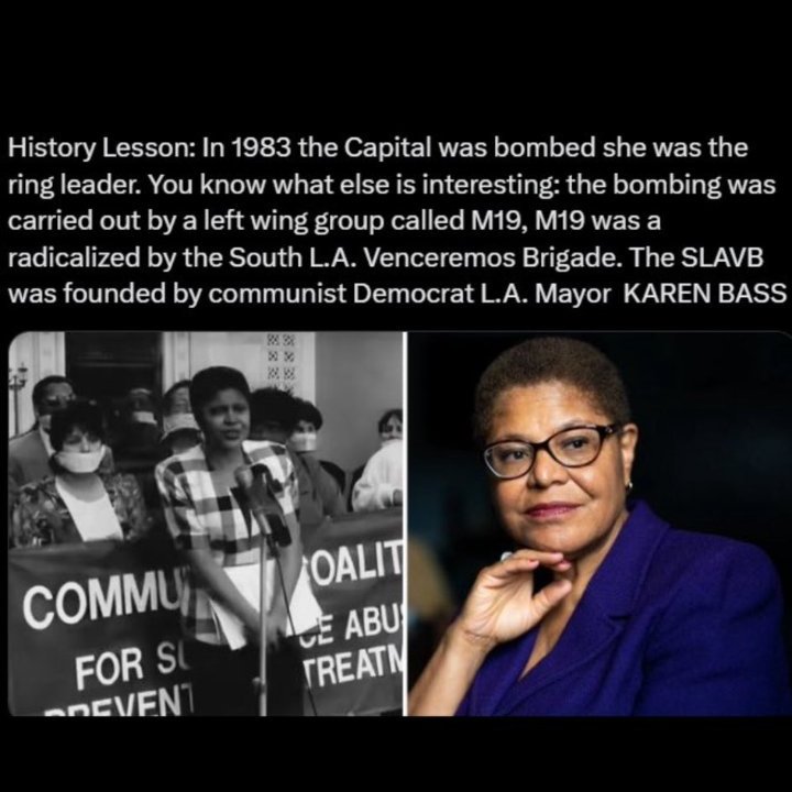iontecs_pemf's tweet photo. @iAnonPatriot Karen Bass BOMBED our nation's Capitol in 1983.

A known M19 terrorist who worked Communist Fidel Castro.

What in hall's half acre is she DOING in office in America?
https://t.co/YDtYhzIZA3 https://t.co/FUJA74nabf