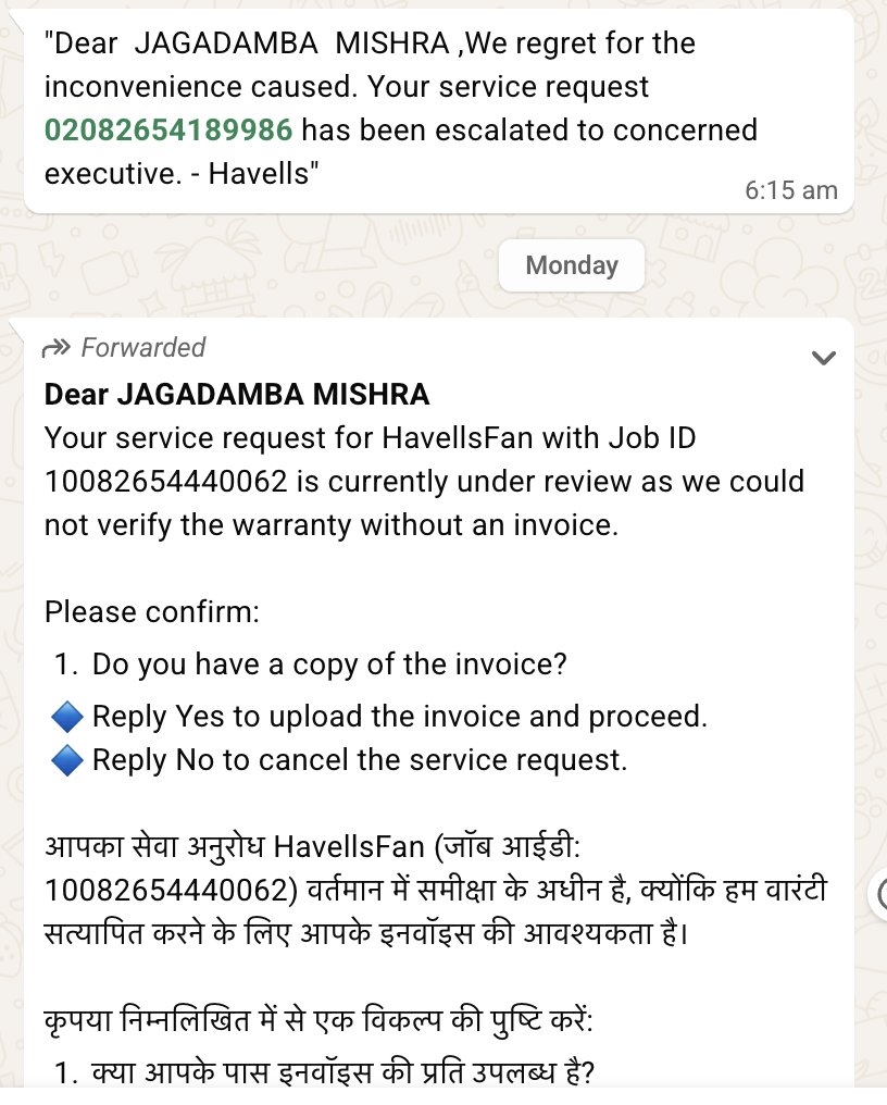 Rahul2Mishra's tweet photo. @havellsindia @HavellsCare360 : Service pending for 20 days despite calling everyday both my Job IDs (10082654440062 and 02082654189986). Gross Service Delay &amp; Negligence. https://t.co/3vOLmgj3L8