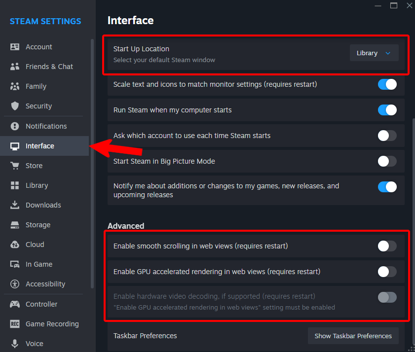 hypertune_'s tweet photo. 🧵 Here's every Steam setting you NEED to change 🤝

1/4 Set your Start Up Location to Library and Turn OFF Smooth Scrolling, GPU Accelerated Rendering, and Hardware Video Decoding https://t.co/hF1dDjqWG8