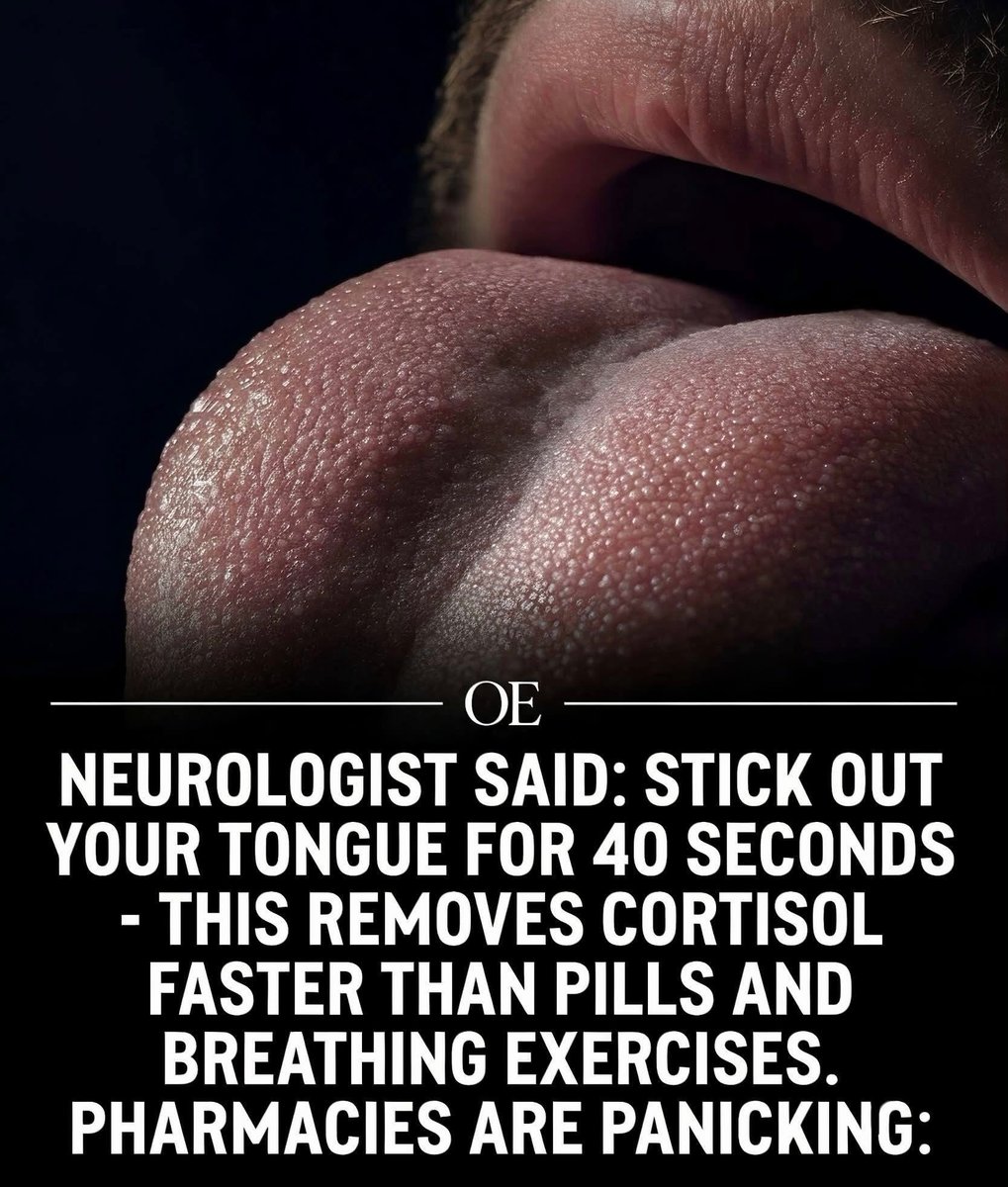 maximumpain333's tweet photo. A groundbreaking neurological study recently revealed a simple physiological hack that crashes your cortisol levels in under a minute, completely bypassing the need for expensive anxiety medications.

By fully extending your tongue and holding it for exactly 40 seconds, you apply sustained mechanical stretch to the cranial nerves located at the base of your throat. This specific tension sends an immediate shockwave to your brainstem, forcing your parasympathetic nervous system to override your fight-or-flight response.
The biological result is a massive, instantaneous flush of cortisol from your bloodstream. Clinical observations show that this neural reset neutralizes the body's stress hormones significantly faster than deep breathing exercises, meditation, or pills. It literally short-circuits the chemical pathways of anxiety.

You can test this biological cheat code right now. Simply stick your tongue out as far as it can comfortably stretch and hold it there. Breathe normally through your nose and watch the clock for exactly 40 seconds. As the seconds tick by, you will physically feel the heavy tension drain from your jaw, neck, and shoulders, followed by a profound wave of mental clarity.

Pharmacies are panicking because you cannot patent a biological reflex, and you cannot sell a cure that is entirely free.