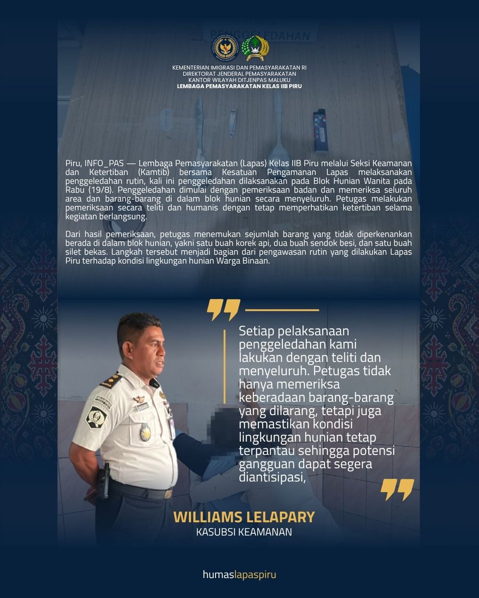 Humaslapaspiru's tweet photo. Jaga Stabilitas Kamtib, Lapas Piru Gelar Penggeledahan Rutin

Baca selengkapnya di :
https://t.co/yYBLF8BLCo

#lapaspiru #penggeledahan #kemenimipas #ditjenpas #kanwilditjenpasmaluku https://t.co/QefVf7zOKs