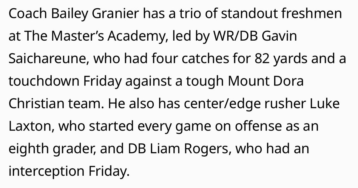 GavinSaich's tweet photo. Great first game of my Freshman season on Varsity

4 catches for 82 yards &amp; a TD! Excited for the rest of the year! @RecruitTMA https://t.co/hwT8hTG2HN