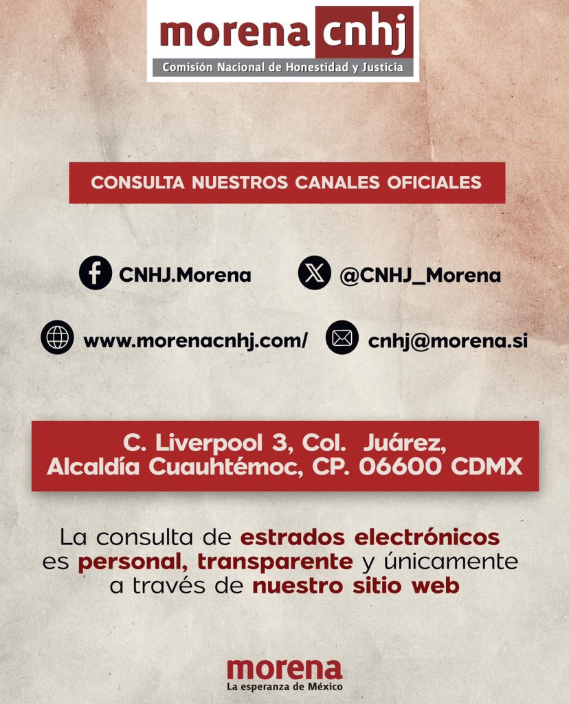 CNHJ_Morena's tweet photo. 🔎 Te invitamos a mantenerte informado a través de nuestros canales oficiales.

📧 cnhj@morena.si
🖥️ https://t.co/eKsz0h3eW7
📍 C. Liverpool 3, Col. Juárez, Alcaldía Cuauhtémoc, CDMX. https://t.co/svVr3kjvkJ