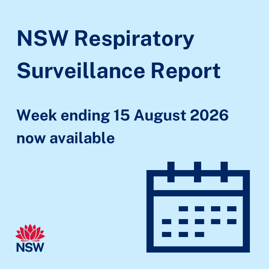Image with large text: ‘NSW Respiratory Surveillance Report’ with the subheading ‘Week ending 15 August 2026 now available. The NSW Government logo is on the left bottom corner. On the right is an icon of a calendar.
