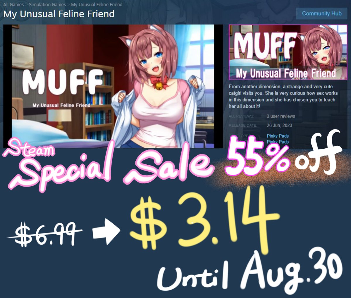 PadsPinky's tweet photo. 🎉Steam Special sale now!🎉
Until August 30!

●MUFF(My Unuseal Feline Friend ) 【55%off】

●Succulust  【48%off】

●Tea girls  【30%off 】

●Hentai Pirate Survivors  【15%off】 https://t.co/31SNXWygFe