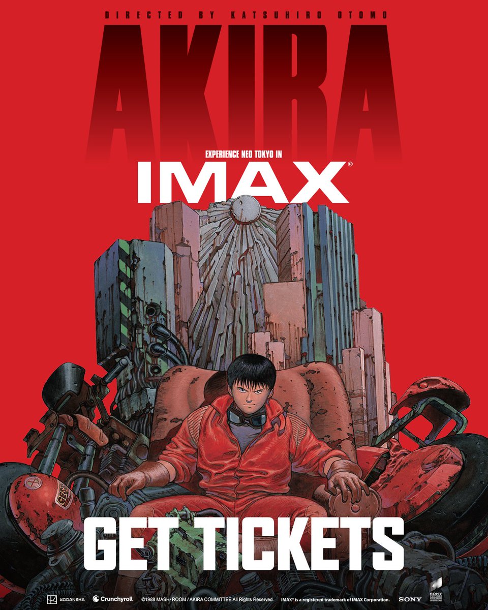 Crunchyroll's tweet photo. Tickets are now on sale to see AKIRA's legendary return to theatres next month 🔥 Don't miss out on seeing the film in 4K and IMAX on the big screen!

Grab yours here: https://t.co/SWAItzco7V https://t.co/XT42v8Xq3R
