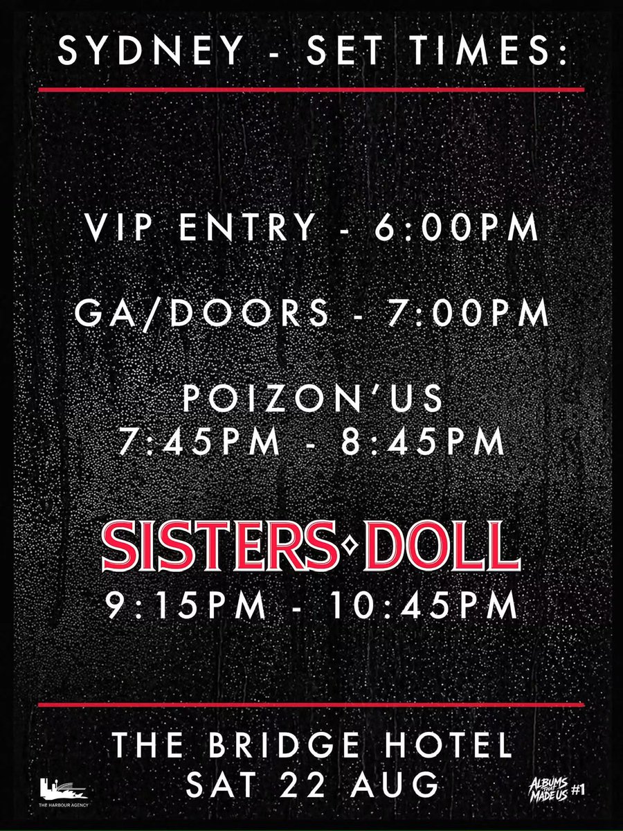 SistersDoll's tweet photo. This weekend set times! ➡️

We’ve put a lot of work into this show, worked our asses off on every song, and we’re ready to make it one hell of a night! 

Final tickets in bio!

#sistersdoll #slipperywhenwet #bonjovi #sydney #rockshow https://t.co/tOPwFhzMf5