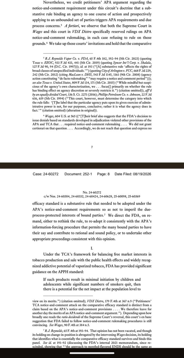 EWess92's tweet photo. Another day, another major decision about tobacco products. Here, did the FDA err adopting its "comparative efficacy standard" through informal rulemaking? Yes, it's "a substantive rule" and needs notice-and-comment rulemaking, per Judge J.E. Smith. Vacated and remanded https://t.co/GYOToyE874