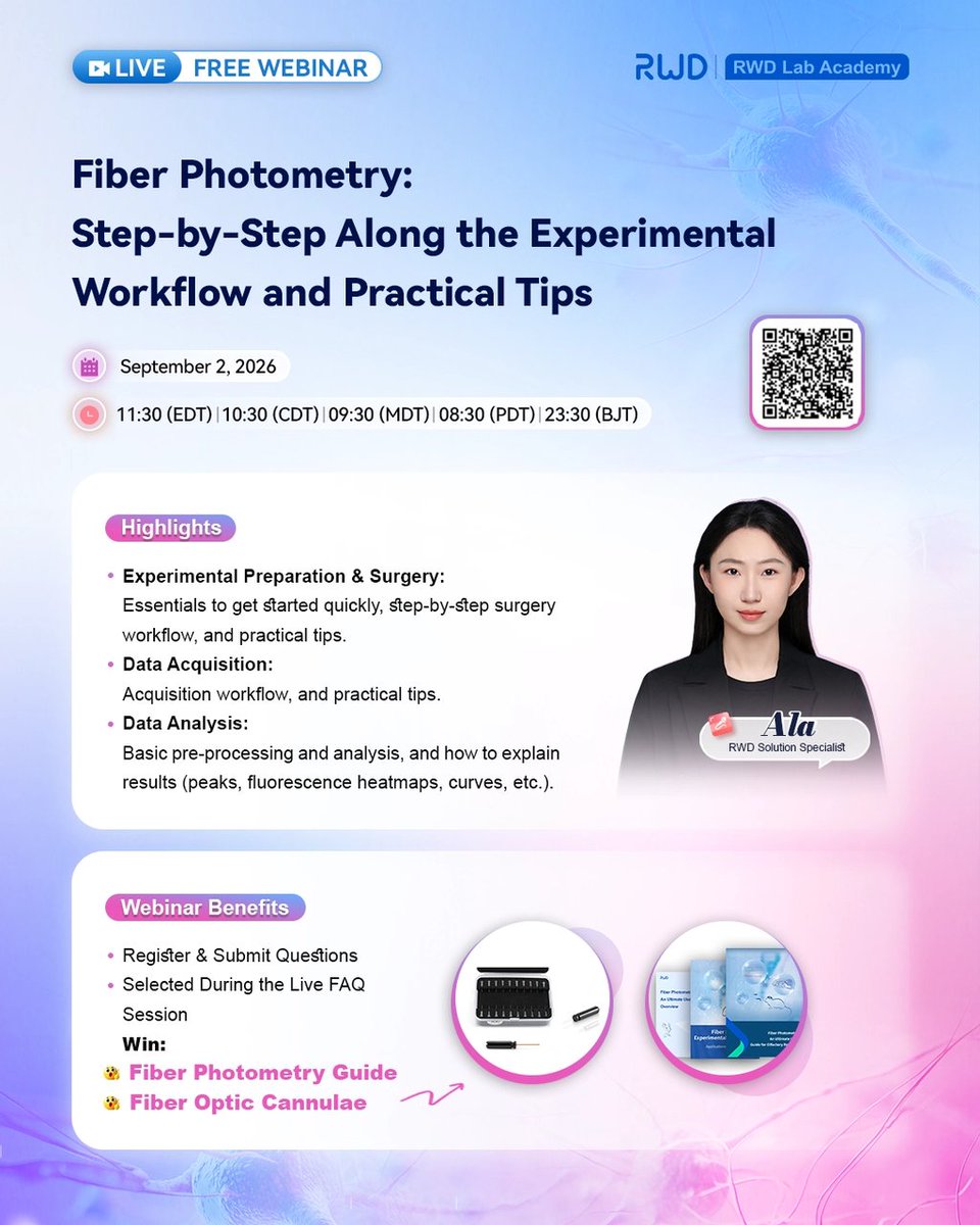 RWDScience's tweet photo. Struggling with common challenges in fiber photometry experiments — signal detection failure, loose ceramic ferrules, confusing 410 nm control channel principle, or unclear data readouts like ΔF/F & AUC?
RWD Lab Academy Webinar Session 2: Fiber Photometry: Step-by-Step Along the Experimental Workflow and Practical Tips
📅 September 2, 2026
🕒 11:30 EDT | 10:30 CDT | 09:30 MDT | 08:30 PDT | 23:30 BJT
👩🔬 Speaker: Ala – RWD Solution Specialist
✅ Full workflow from surgery to data analysis
🎁 Live exclusive: complimentary trial access + ceramic ferrules & surgical instrument giveaways
👉 Register via link or scan the QR code on the poster.
🔗https://t.co/fnzR4IGVrk
#RWD #Webinar #FiberPhotometry #BrainResearch #Neuroscience #LifeScience #Neural Circuit