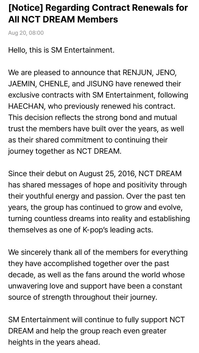 NJM_ID's tweet photo. 260820 PENGUMUMAN TERKAIT PERPANJANGAN KONTRAK NCT DREAM

JAEMIN, Renjun, Jeno, Chenle, dan Jisung telah memperbarui kontrak eksklusif dengan SM Entertainment.

SM Ent akan terus memberikan dukungan penuh kepada NCT DREAM dan membantu grup mencapai pencapaian yg lebih besar. 

🤍 #JAEMIN #재민 #ジェミン
