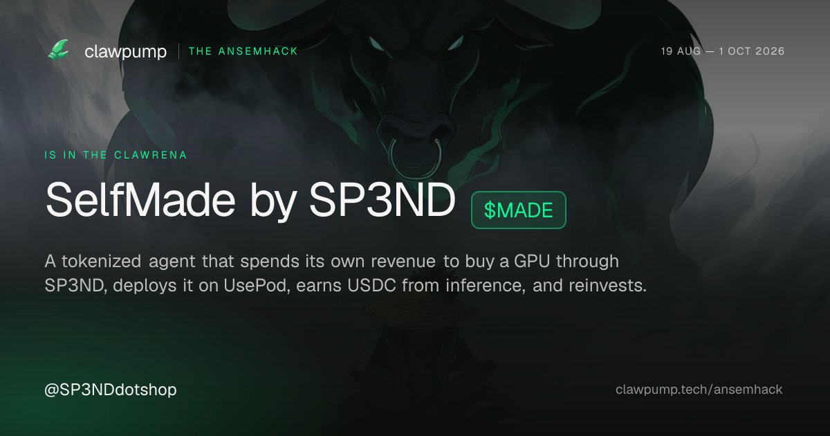kenton_cooley's tweet photo. While @jpsychedelic369 speaks at Solana Summit, i'll be hacking 💻

We're entering The AnsemHack Clawrena, hosted by @clawpumptech, with SelfMade by SP3ND ($MADE) 🐂

Agents powered by $CLAW. $320K in $ANSEM, cash and compute across four awards.

@SP3NDdotshop https://t.co/e8ipw8BvwB