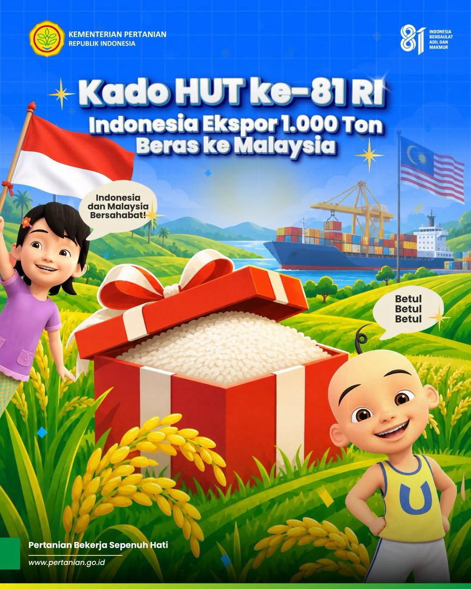 psekp_kementan's tweet photo. Setelah swasembada beras, Indonesia kembali menembus pasar global dengan ekspor perdana 1.000 ton beras premium ke Malaysia. Dengan stok Bulog 5,2 juta ton, kebutuhan dalam negeri tetap prioritas, sementara surplus membuka peluang ekonomi bagi petani. #swasembadapangan https://t.co/mwWLjrxtV1