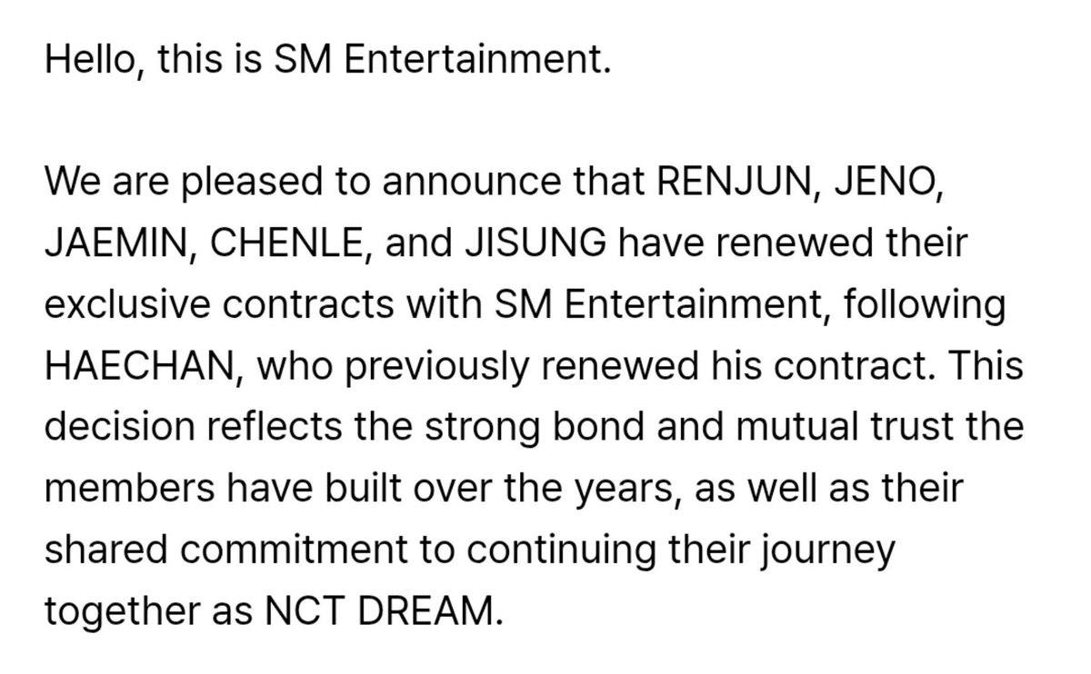 NCTDREAMCENTER's tweet photo. All NCT DREAM members (#RENJUN #JENO #HAECHAN #JAEMIN #CHENLE #JISUNG) have renewed their exclusive contracts with SM Entertainment

#NCTDREAM @NCTsmtown_DREAM https://t.co/rdvWN9OzJY