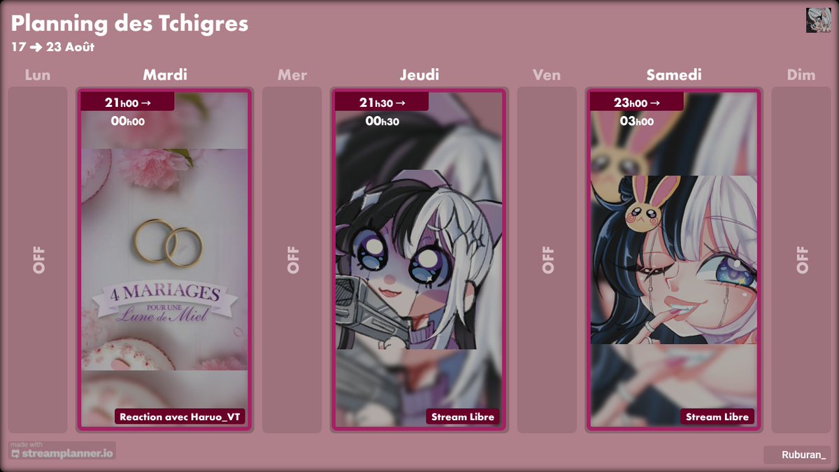 imruburan's tweet photo. Cycle hebdomadaire initialisé...
Le planning est opérationnel ✨️

#vtuber #vtuberfr https://t.co/GDmfPFMyLn