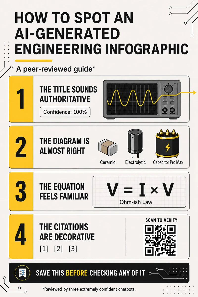 HOW TO SPOT AN
AI-GENERATED
ENGINEERING INFOGRAPHIC

A peer-reviewed guide*

1
THE TITLE SOUNDS
AUTHORITATIVE
Confidence: 100%

2
THE DIAGRAM IS
ALMOST RIGHT
Ceramic
Electrolytic
Capacitor Pro Max

3
THE EQUATION
FEELS FAMILIAR
V = I × V
Ohm-ish Law

4
THE CITATIONS
ARE DECORATIVE
[1] [2] [3]

SCAN TO VERIFY

SAVE THIS BEFORE CHECKING ANY OF IT

*Reviewed by three extremely confident chatbots.