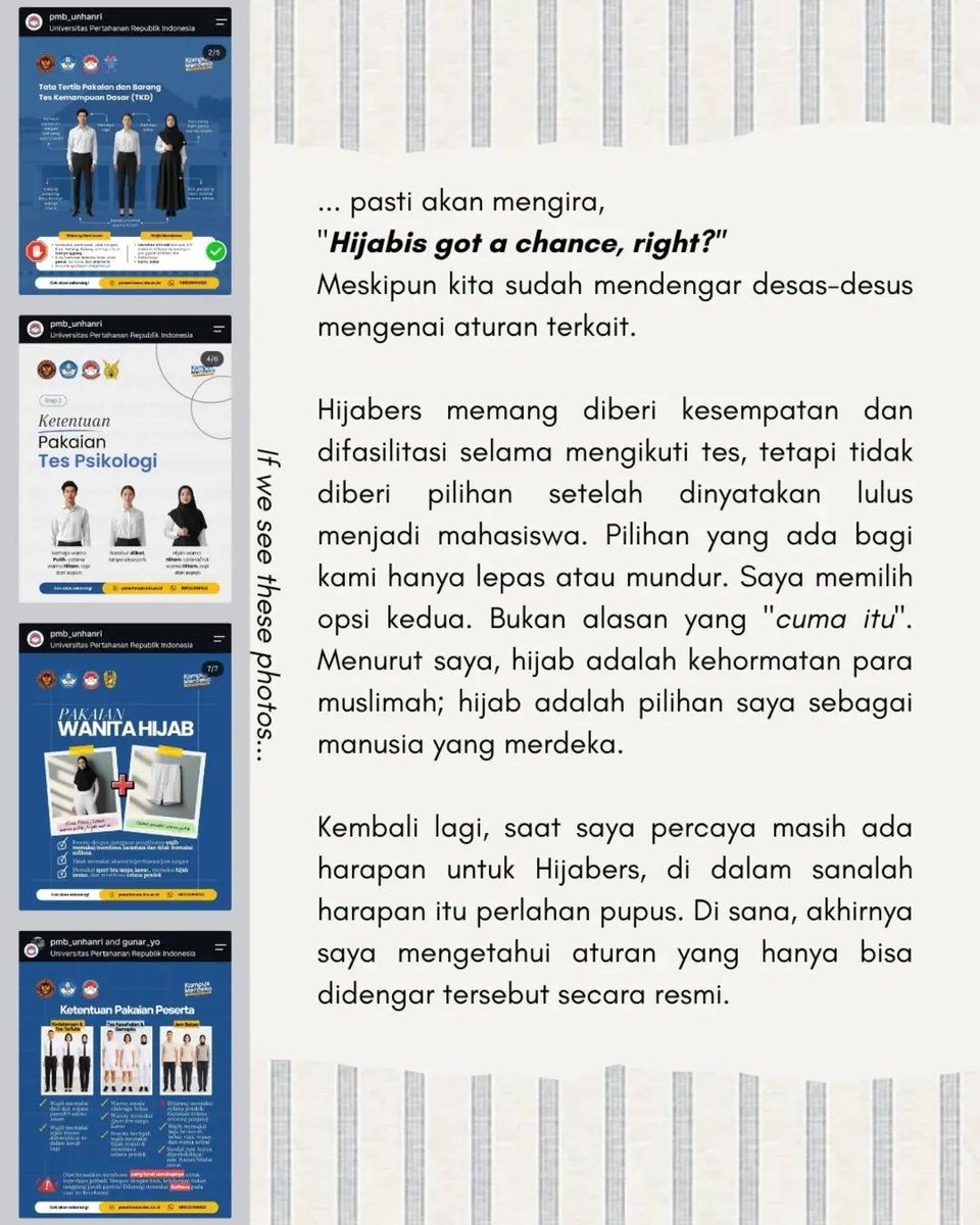 bismillahyuk_'s tweet photo. Kisah mahasiswi yg diterima di FK Unhan mengundurkan diri krn menolak melepaskan kerudung

Katanya "Ketuhanan Yang Maha Esa" &amp; "Kemanusiaan yang Adil &amp; Beradab"

Tapi hak untuk "berkerudung" kok dilarang sama Unhan?

Bahkan TIDAK ADA ATURAN TERTULIS soal kerudung, hanya verbal. https://t.co/5FY1yZ7QrE