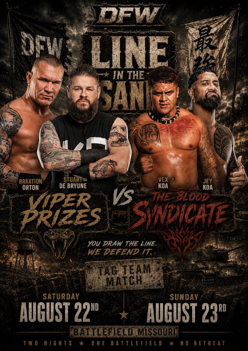 DFW_Wrestling's tweet photo. @KingKoa_DFW @Dragon_EFED @TrueTylerKnight @DFWDARKHORSE @NathanLeeDFW @TheDireWolffDFW In our fourth match of the night, @ColdBloodedRKO teams with the RETURNING @DStuartDeBe_W to battle @KOA_VEX and @viodresis of The Blood Syndicate! https://t.co/8jLOlC02CE