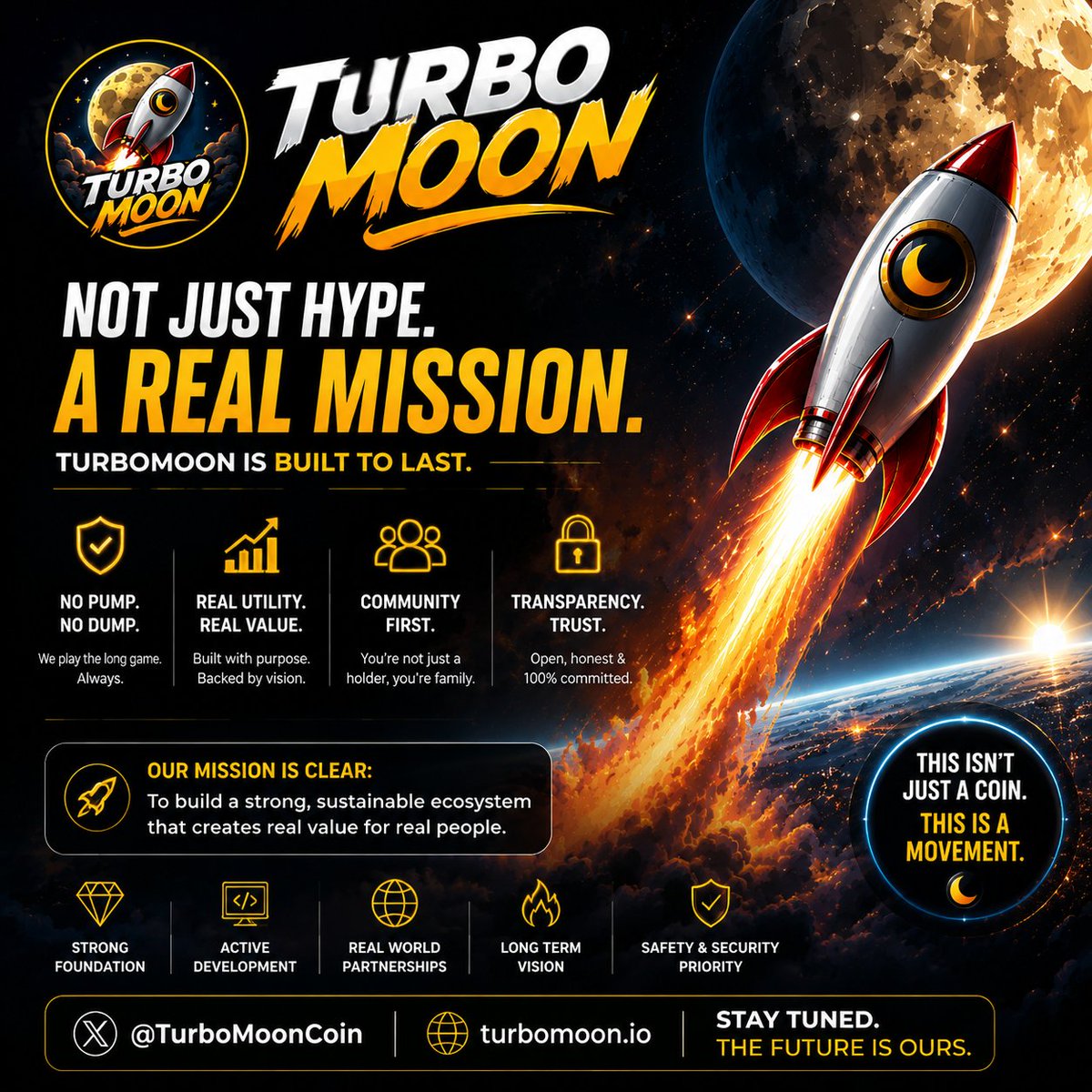 TurboMoonCoin's tweet photo. 🚀 TurboMoon is more than just hype. 🌙

Built with a vision, a strong community, and a mission for the long term. 🔥

The rocket is ready… stay tuned for launch. 🚀

#TurboMoon #TMOON #Crypto #Web3 #Pumpfun #Memecoin 🌕 https://t.co/grPAf3yZ30