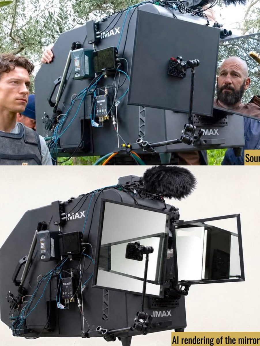 historyinmemes's tweet photo. Christopher Nolan used a clever mirror system on the cameras while filming The Odyssey, allowing actors to maintain natural eye contact and a stronger emotional connection during close-up shots.

IMAX cameras are notoriously loud, making it difficult to capture clean dialogue on set without relying on post-production dubbing. To solve this, Christopher Nolan and IMAX engineers developed a soundproof housing for the camera. However, the enclosure made the camera so wide that it had to sit between actors during intimate dialogue scenes, blocking their direct view of each other.

The solution was a clever two-mirror system. The actor being filmed looks into one mirror, which reflects the image of the off-screen actor positioned behind the camera. This allows both performers to maintain natural eye contact and emotional connection, creating the impression that no camera is physically separating them.