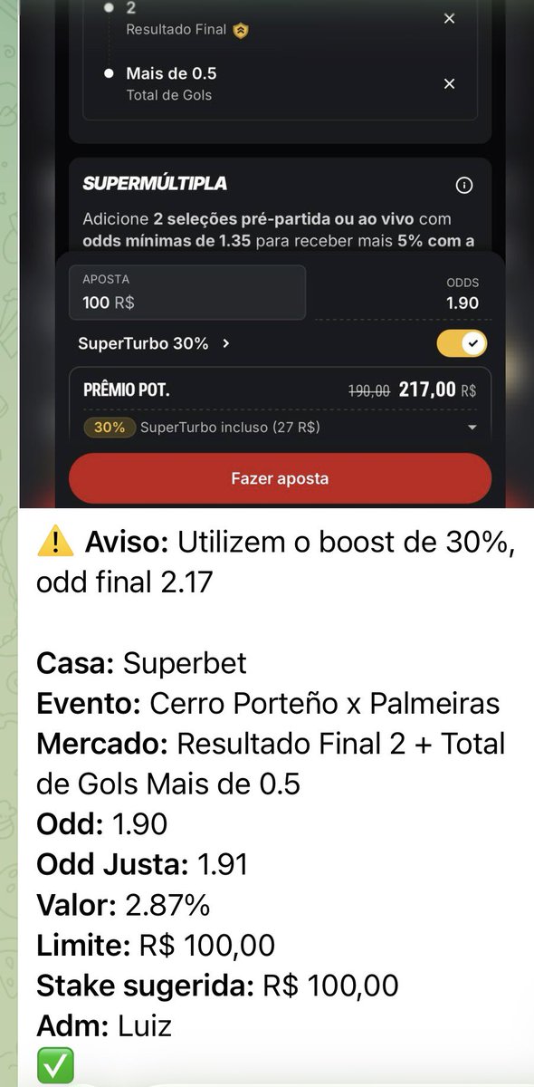 teoremaev's tweet photo. 7 AUMENTADAS HOJE E 6 GREEN ✅

Viver do jogo é bom demais. Puta que pariu.

Teorema EV+ = aumento, superodd, chasing e a porra tudo. Tudo dentro do nosso método! 

https://t.co/pVoV9g45HV https://t.co/IWpEJ3vEfo