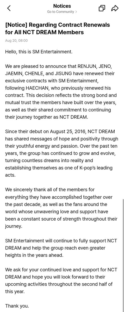 7DREAM_CREW's tweet photo. NCT DREAM is staying together! 🩵

SM Entertainment has officially announced that RENJUN, JENO, JAEMIN, CHENLE, and JISUNG have renewed their exclusive contracts, following HAECHAN’s previous renewal.

As they approach their 10th anniversary since debuting in 2016, all members have recommitted to continuing their journey together as a full group. SM Entertainment promised full support for NCT DREAM’s future activities.

#NCTDREAM @NCTsmtown_DREAM