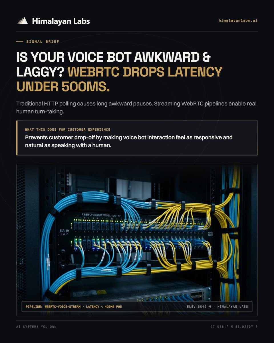 HimalayanLabsAI's tweet photo. Laggy voice bots kill conversions.

Ditch HTTP polling for streaming WebRTC pipelines to cut latency under 500ms for instant, human-like turn-taking.

https://t.co/we9tQSj9Ot #VoiceAI #WebRTC https://t.co/0JXioGF9k9