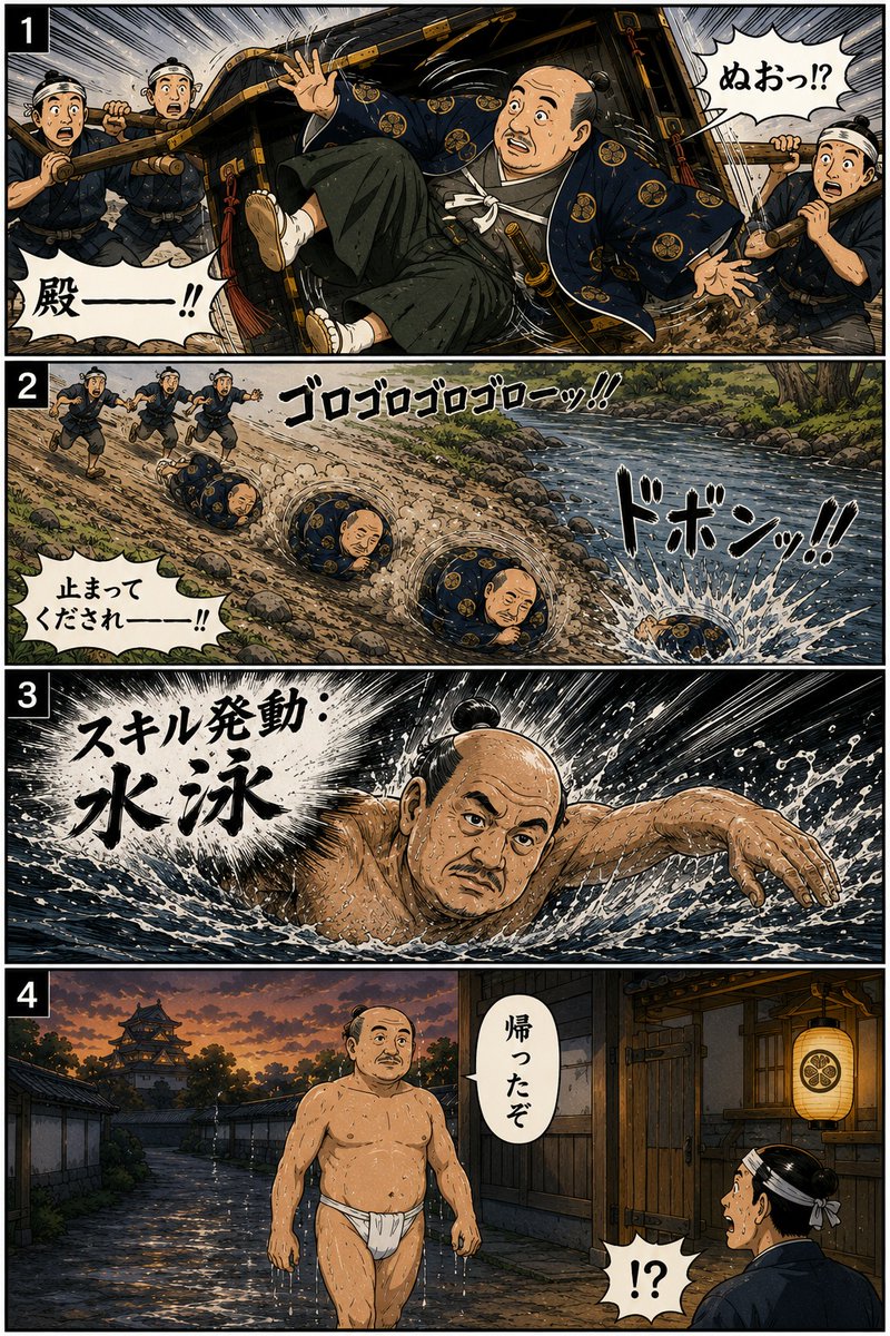 Tokugawaieyath's tweet photo. 文禄3年のこの日、
徳川家康が駕籠から転落した。

事件発生直後、家臣たちはおそらく
「絶対に笑ってはいけない徳川家康」状態だったに違いない。
儂のように、当時の日記や記録にやたらと登場する武将は厄介である。

戦や政治の話だけならまだよい。

「家康、駕籠から落ちる」
（言経卿記）

そんなことまで400年以上残る。

歴史に名を残すというのも、なかなか油断ならぬ。

※漫画2コマ目以降は創作
