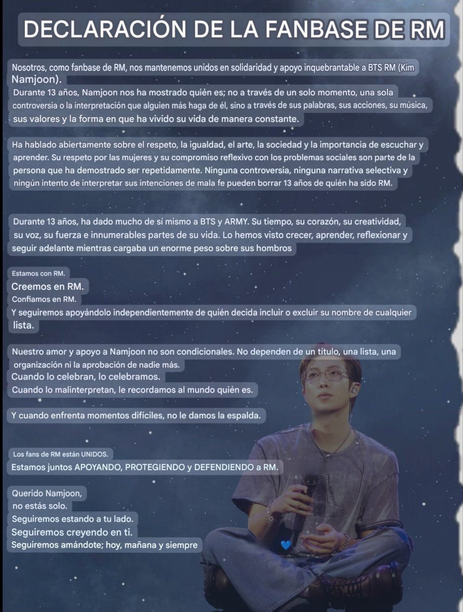 RMexico_'s tweet photo. Sabemos el tipo de persona que es, en constante aprendizaje, primero reflexiona, analiza para poder interiorizar y aplicar, por eso estamos con él

RM WE LOVE YOU
RM NEVER WALKS ALONE
WE SUPPORT RM FOREVER 

#RMIsNotAlone
#WeStandWithRM
#WeSupportRM
#WeTrustInNamjoon

(Trad. Automática en la 2° imagen)