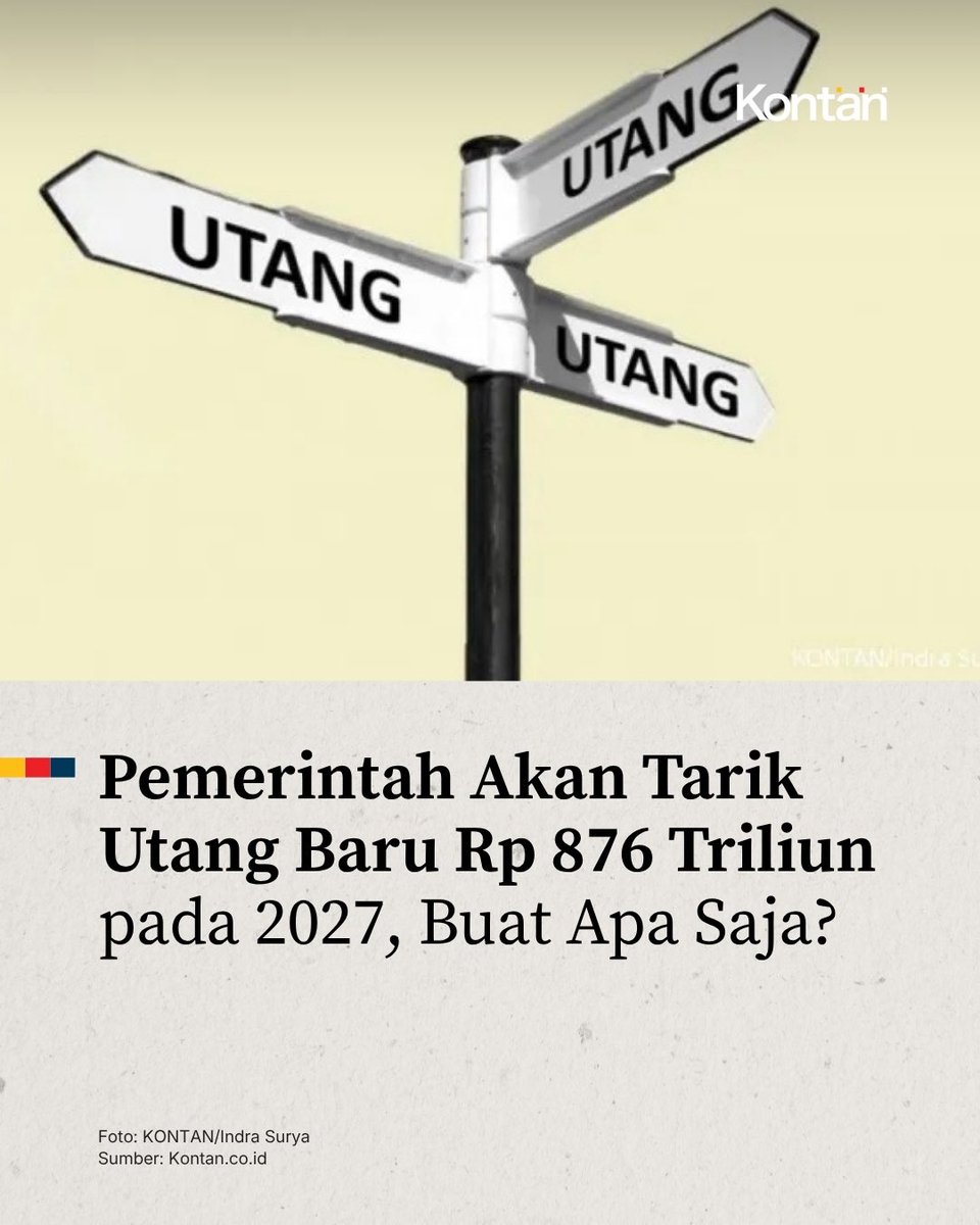 KontanNews's tweet photo. Pemerintah akan tarik utang baru Rp876,27 triliun pada 2027.

Mayoritas lewat SBN: Rp779,9 triliun.

Menariknya, utang baru itu bukan cuma untuk menutup defisit Rp671,2 triliun. 

Pemerintah juga harus membayar cicilan pokok Rp153,3 triliun dan bunga utang Rp650,31 triliun. https://t.co/j4SJOu8Kv5